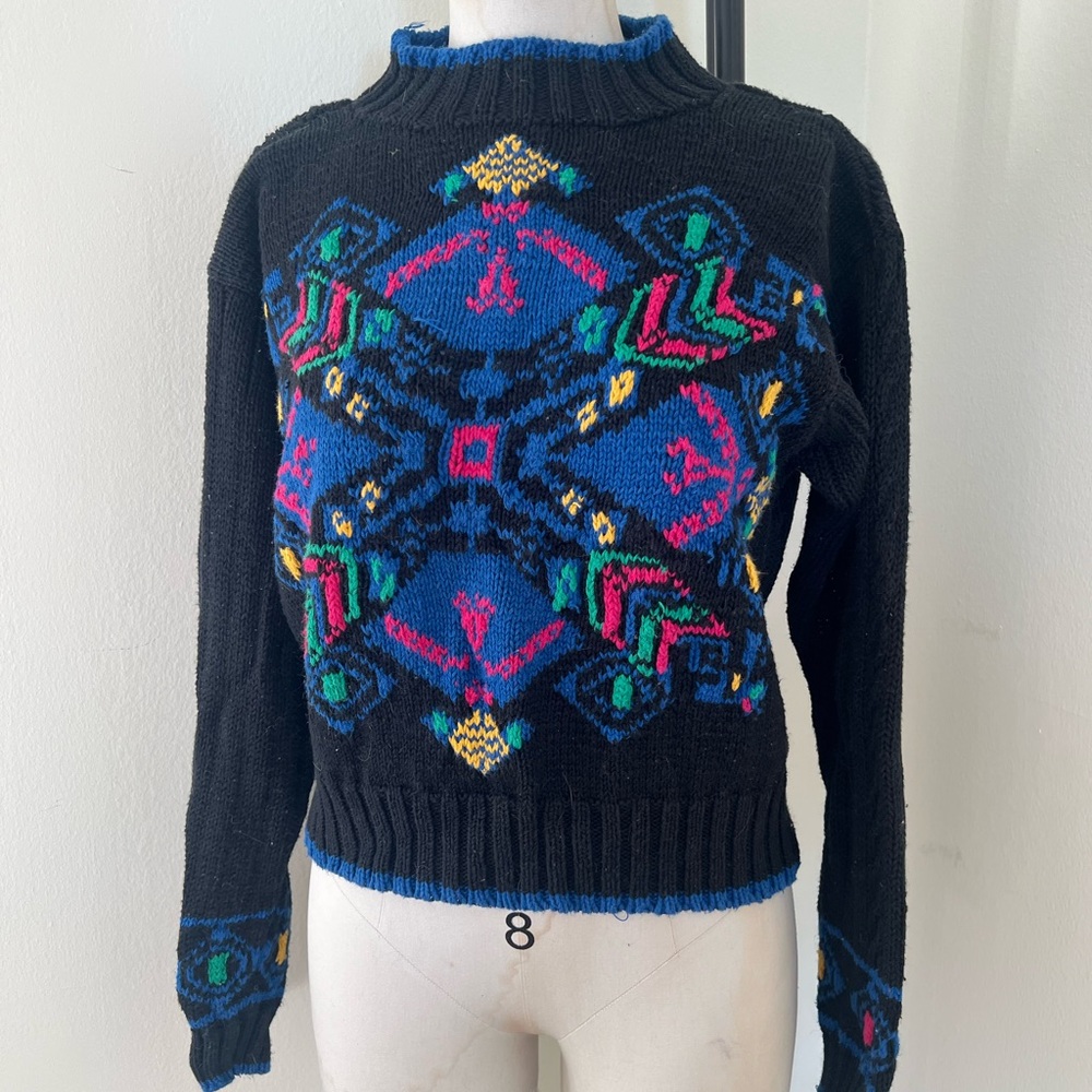 Hand Knitted Vintage 1980s Neon Snowflake Holiday Christmas Women's Sweater S